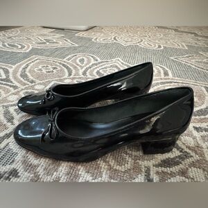 Reformation Black Patent Low Block Heel Pumps